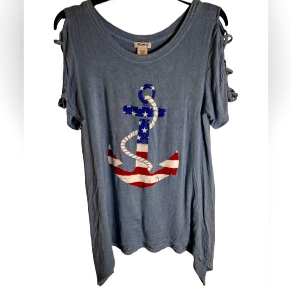 STITCH WURKS | Red,White,Blue Distressed Nautical Cold Shoulder Top | Large - Picture 1 of 5